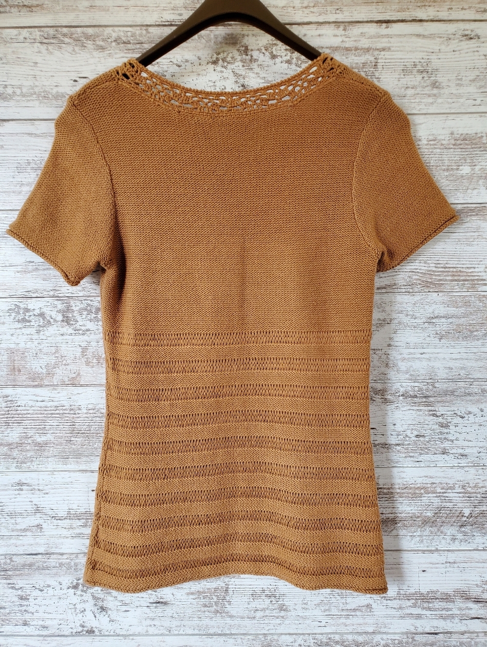 Guide Series Toffee Brown Knit Short Sleeve Top Crochet Neck - Picture 3 of 11